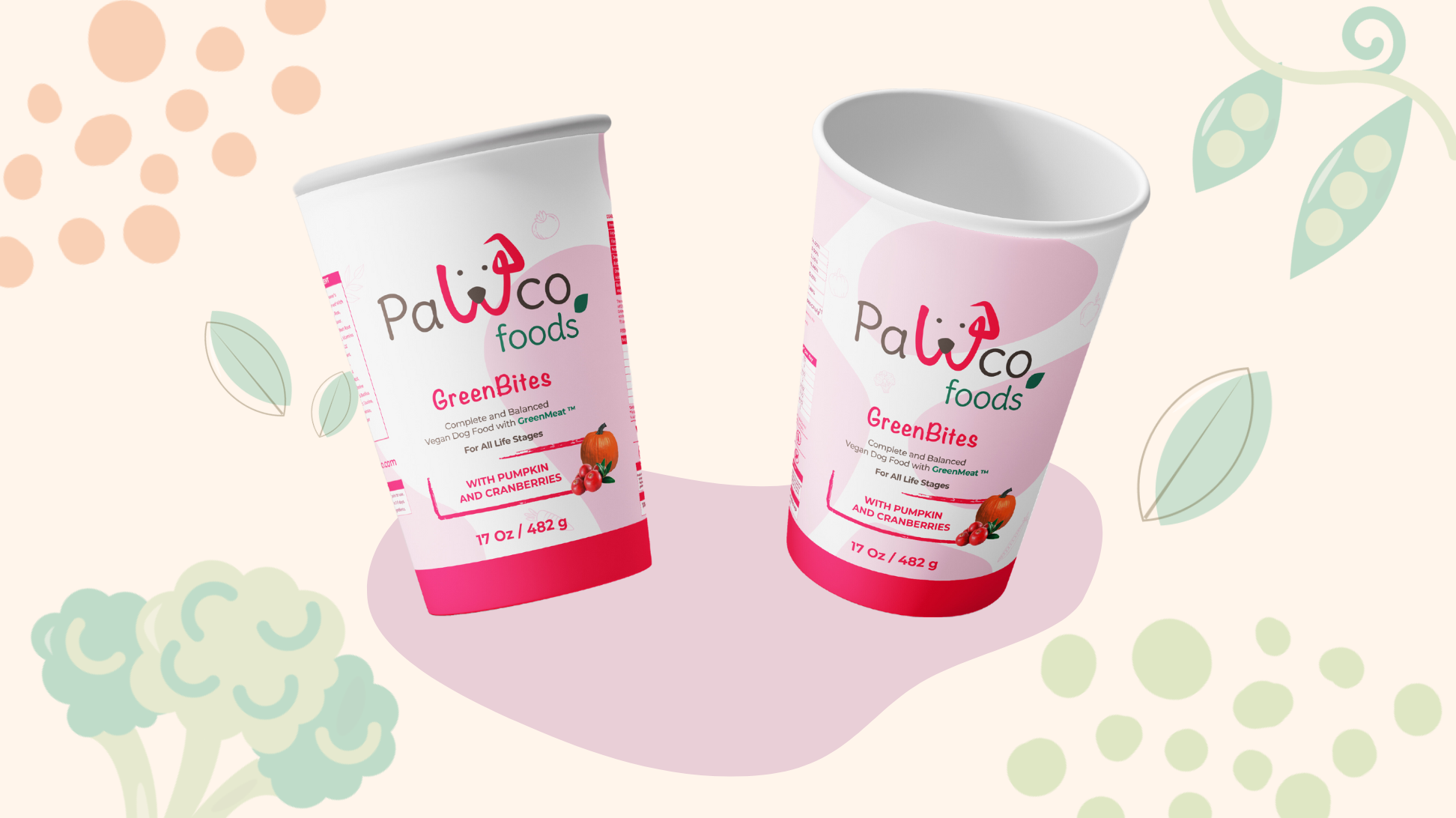 The image shows PawCo's GreenBites Pumpkin & Cranberries packaging against a background with various vegetable illustrations.