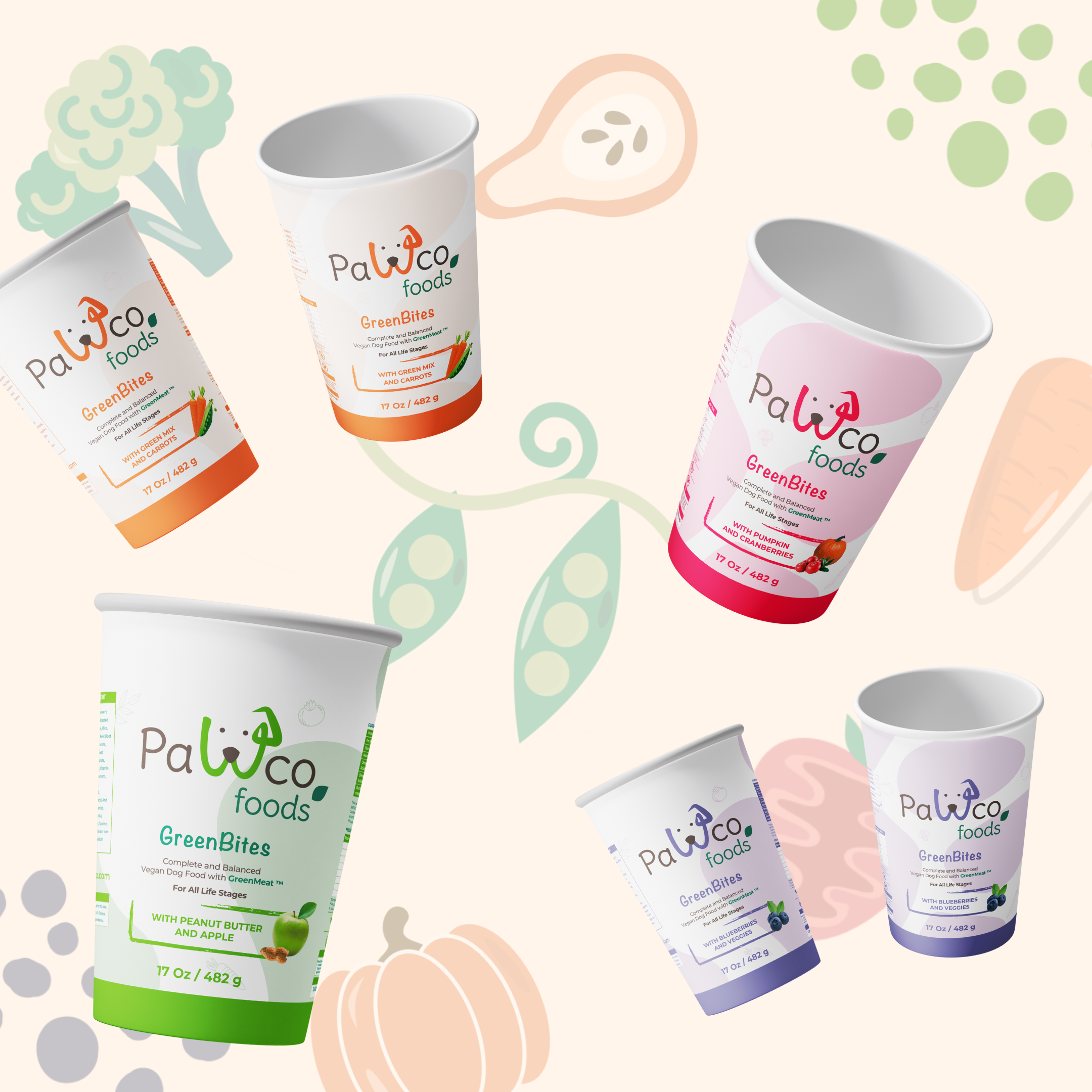 The image shows PawCo's GreenBites packaging against a background with various vegetable illustrations.