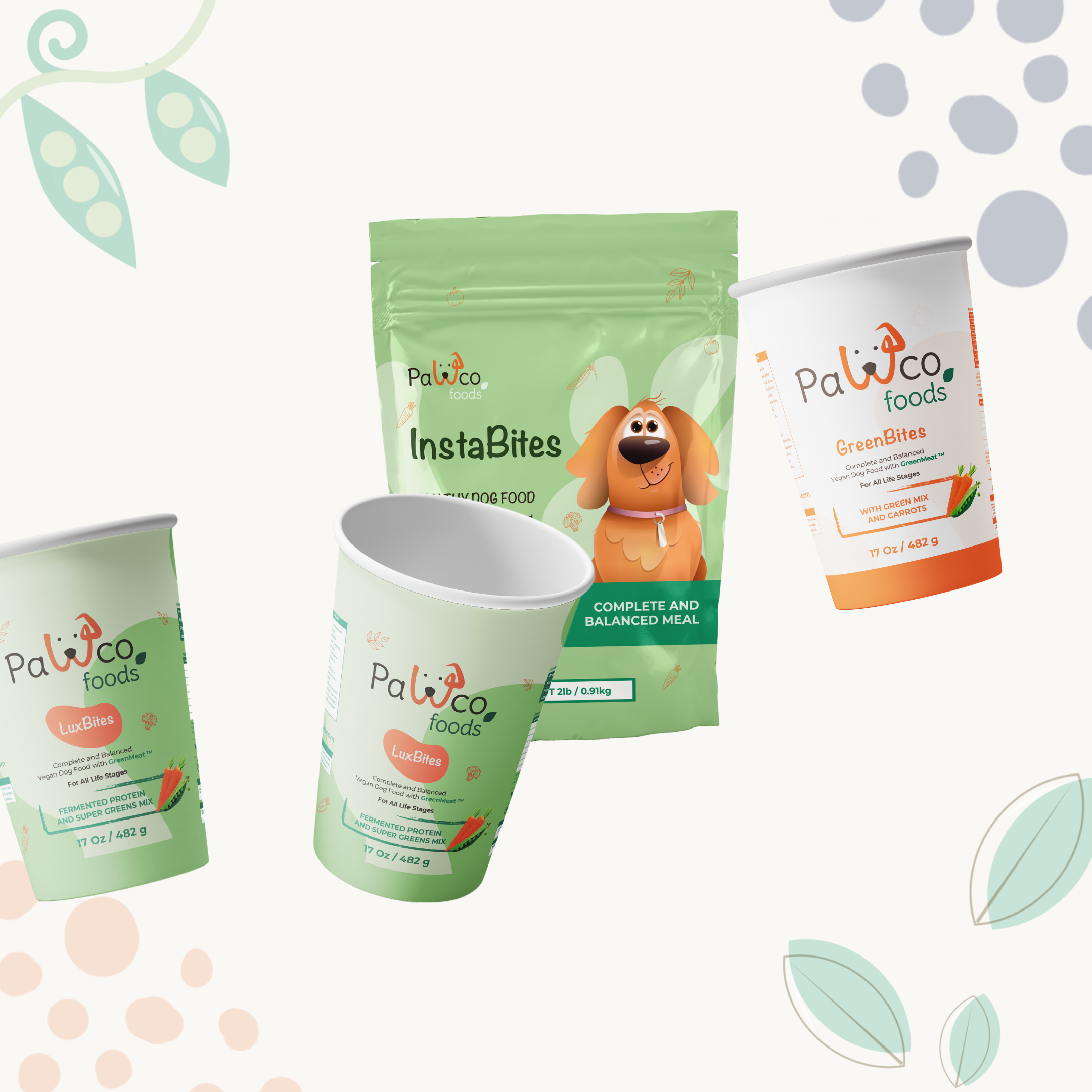 The image shows PawCo's LuxBites, InstaBites, and GreenBites packaging against a green background with illustrations.