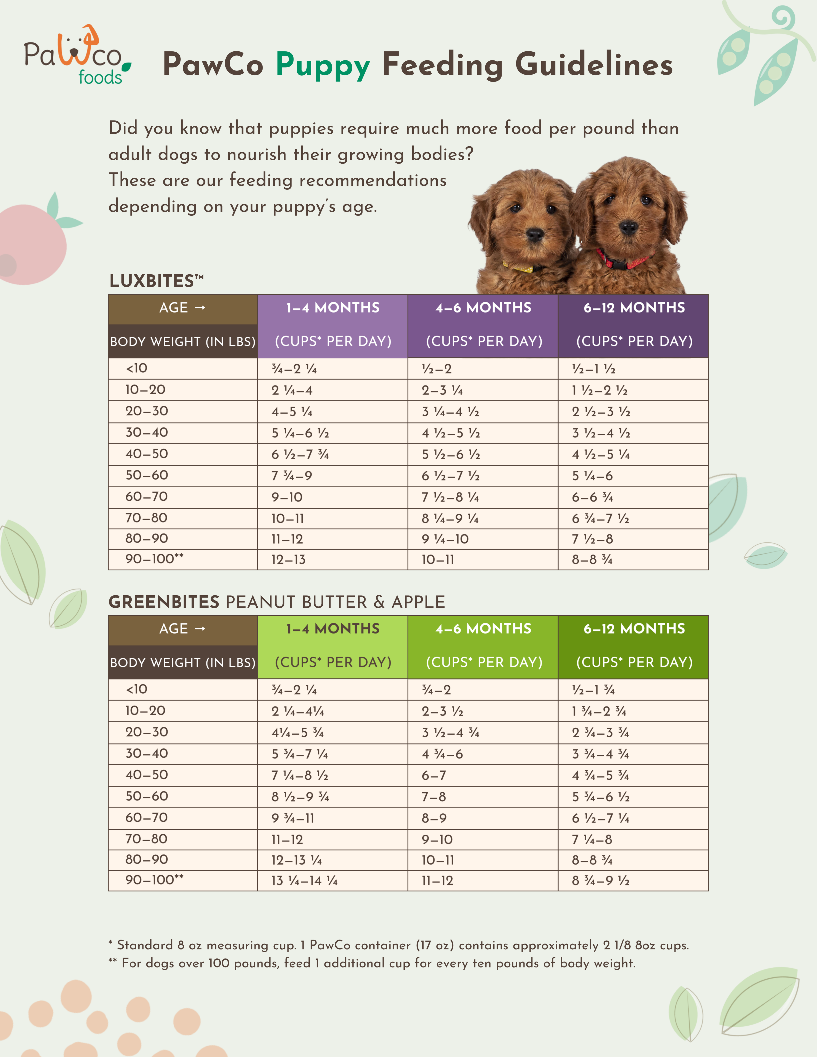 PawCo's feeding guidelines for puppies.