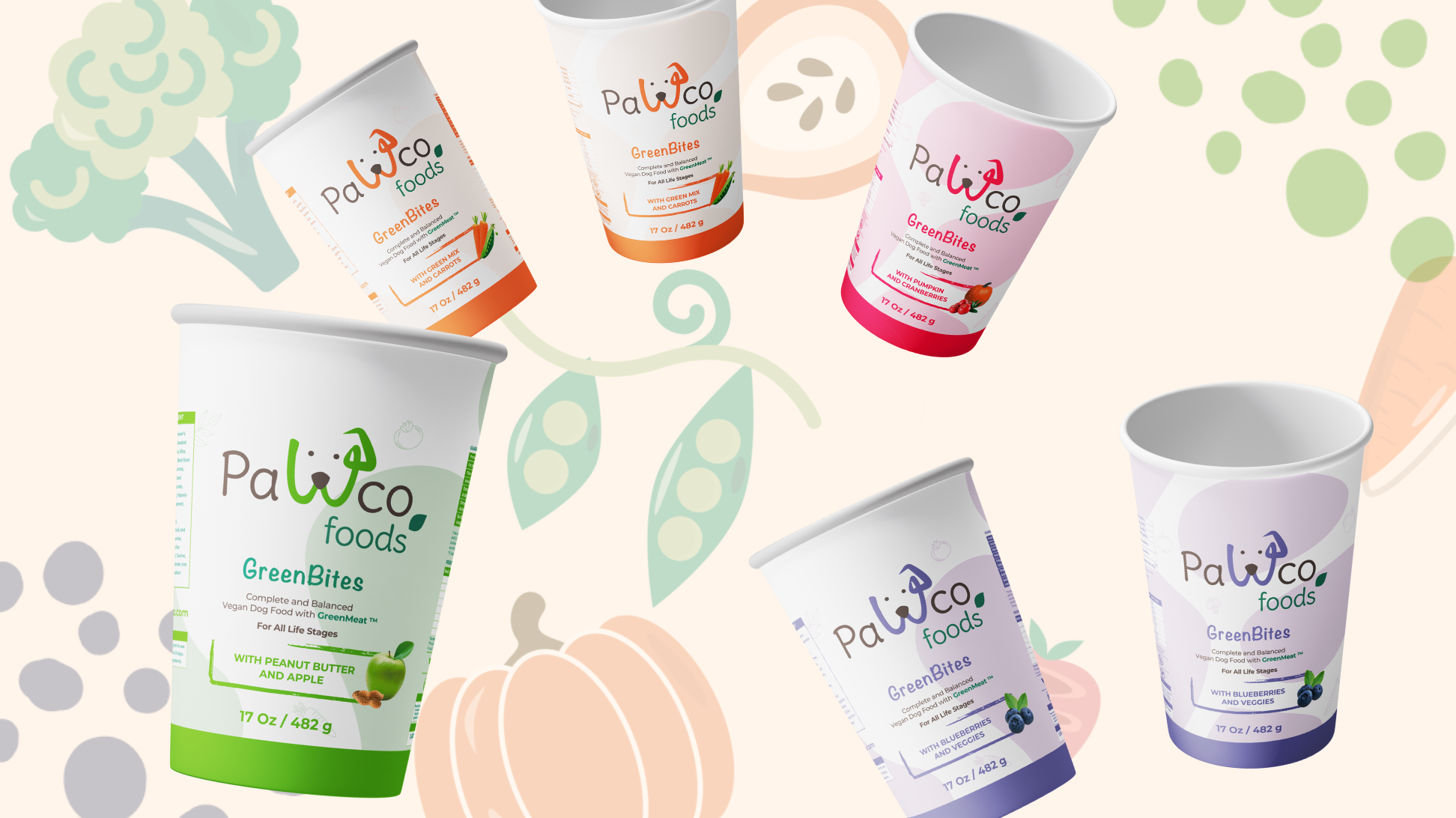 The image shows PawCo's GreenBites packaging against a background with illustrations of various vegetables.