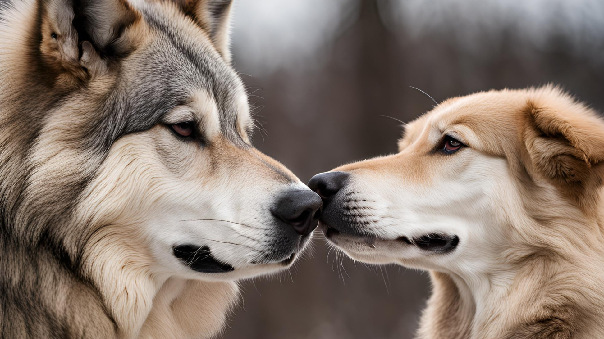 This picture is an AI-generated image of a dog and a wolf with their noses touching.